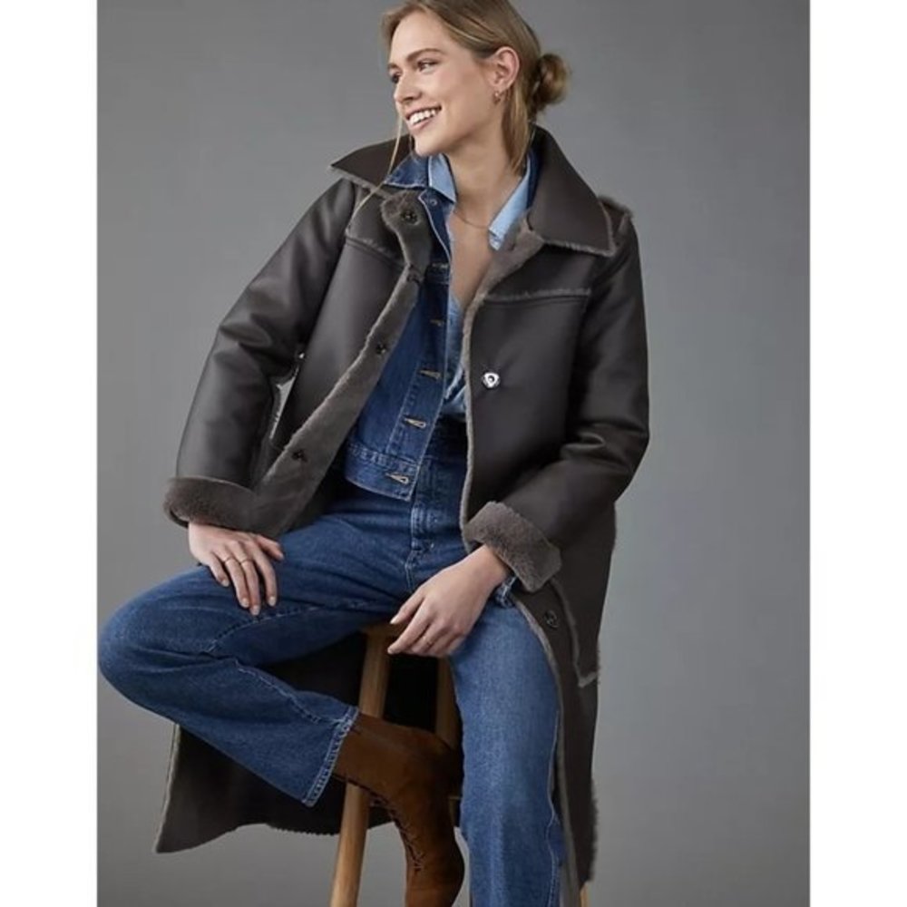 NWT: Anthropologie Kerry Reversible Faux Fur Womens Coat Gry Brown Small Jacket